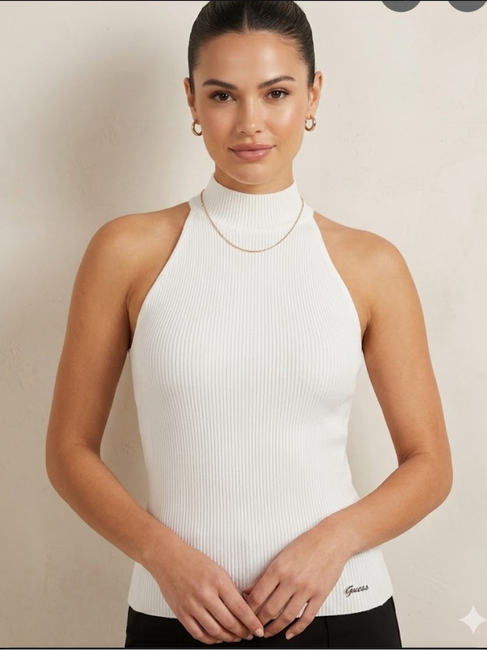 GuessRibbed Cream Halter Tank Top